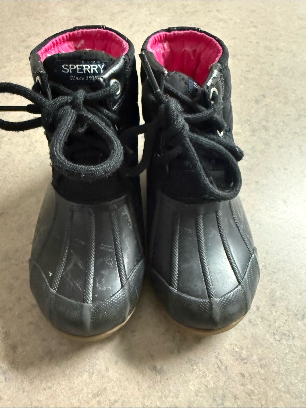 Sperry Kids Black Duck Boots with Pink Lining
